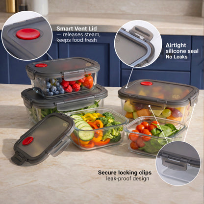 Airtight Glass Food Storage Containers with Vented Lids