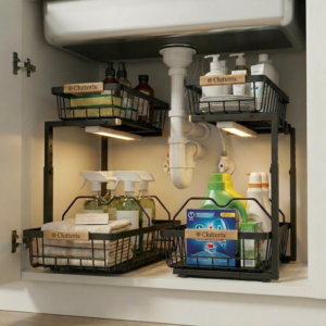 Under Sink Organizer with Motion-Activated LED Lights, 2 Pack, 2 Tier Sliding L-Shaped Carbon Steel Rack with Adjustable Height, Dividers & Hooks