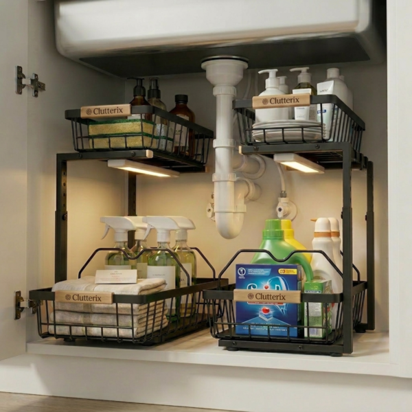 Under Sink Organizer with Motion-Activated LED Lights, 2 Pack, 2 Tier Sliding L-Shaped Carbon Steel Rack with Adjustable Height, Dividers & Hooks
