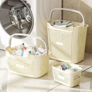 Laundry Basket Set, 3-Piece Ventilated Plastic Baskets with Tote Handles (Beige)