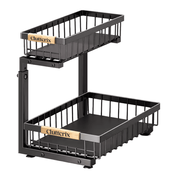 2 Pack Under Sink Organizer 2 Tier Under Sink Organizers and Storage Adjustable Kitchen Pull out Cabinet Organizer Metal Sliding Drawer for Bathroom Pantry Cabinet Closet Organization Rack Black