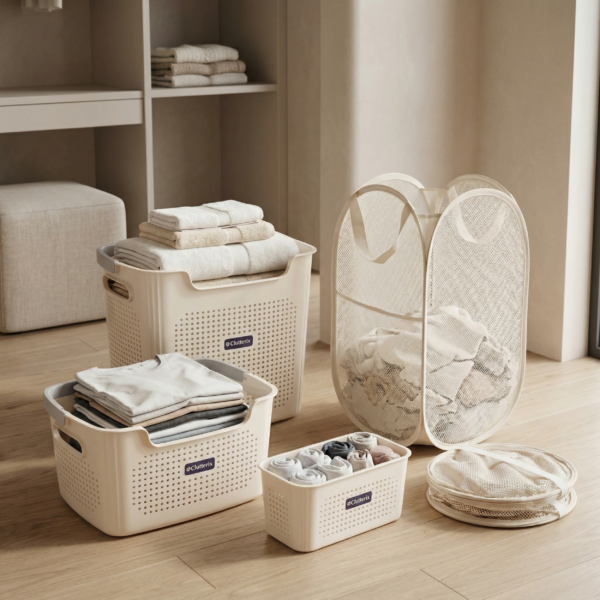 Laundry Basket Set with Handles, 3 Ventilated Plastic Baskets (30L, 17L & 4L Clip-On) and 55L Collapsible Mesh Hamper, Nestable Storage Design