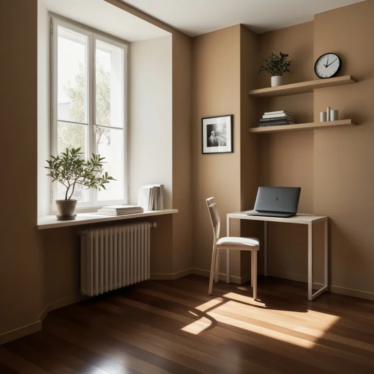 Minimalist home office with desk, chair, and potted plant by a window